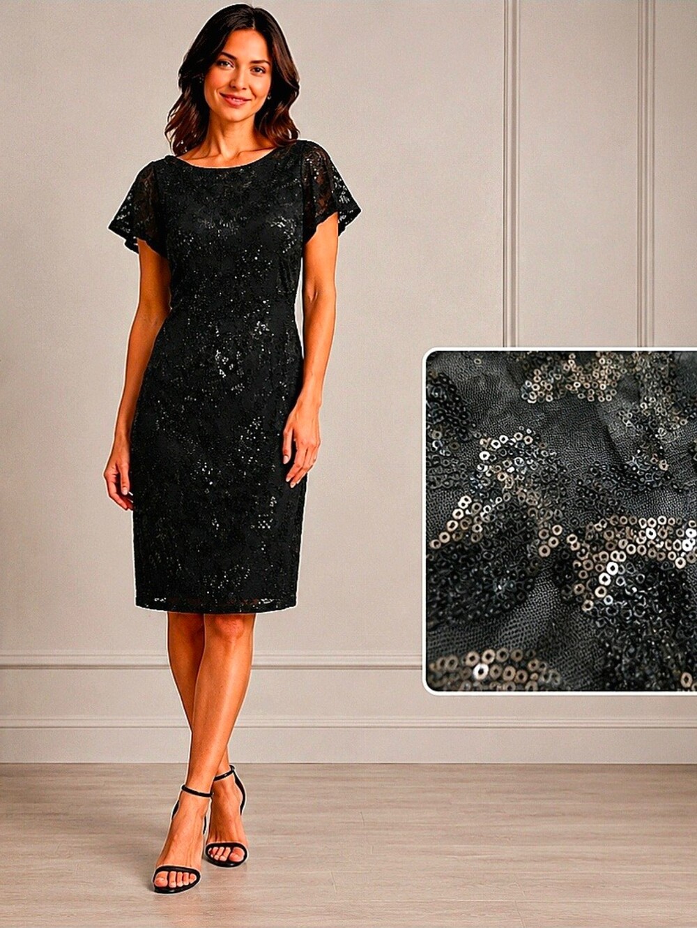 NWT Black Sequin Embellished Flutter Sleeve Midi Cocktail Dress Sz 10